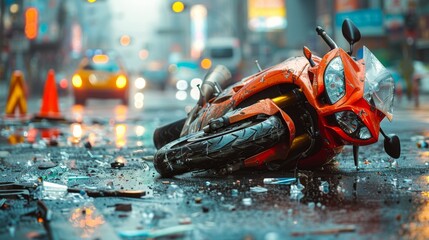 A chaotic scene on a city street where a motorcycle lies on its side near a dented car, both showing signs of a recent collision. Traffic cones and emergency lights blur in the background, emphasizing