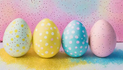close-up of brightly colored speckled easter eggs with glitter
