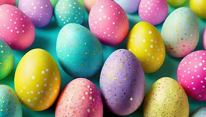 close-up of vibrant pastel easter eggs speckled with metallic accents