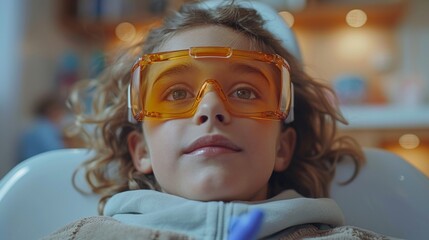 A child sitting in a modern dental chair, wearing cool, child-sized protective glasses, while the dentist carefully examines their teeth using gentle, state-of-the-art equipment, surrounded by toys