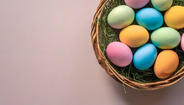 easter eggs in a basket with a pale pink background- copy text space