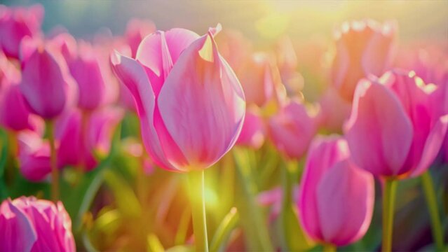 Scenery of tulip flowers blooming in a field, spring, nature background animation.