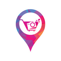 Camera Shop gps shape concept Logo vector icon. Shopping Cart with Camera Lens Logo Design Template.	