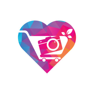 Camera Shop heart shape concept Logo vector icon. Shopping Cart with Camera Lens Logo Design Template.