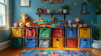 A child's room with colorful storage boxes and toys neatly arranged, showing the transition and excitement of a child moving to a new bedroom, with space for creativity and play