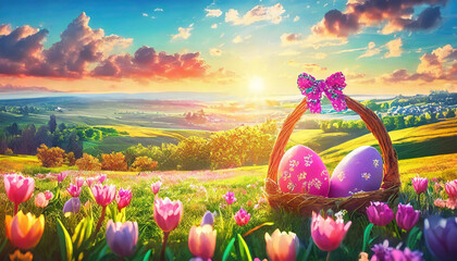 Easter eggs in a basket with flowers on spring background.