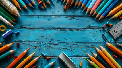 A close-up of a child's hand picking up a pencil sharpener from a cluttered table full of pencils, erasers, and rulers surrounding a blank white paper, setting the stage for a drawing - Powered by Adobe