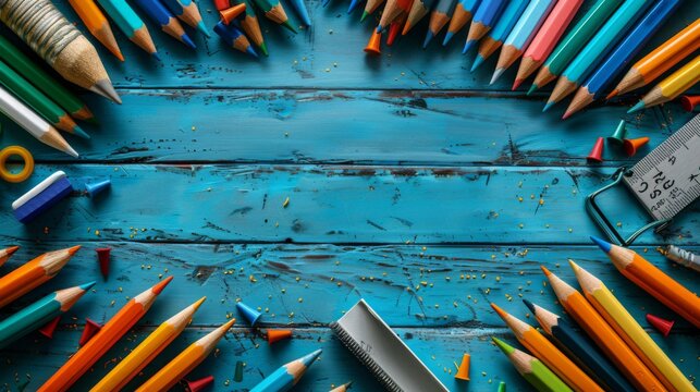 A close-up of a child's hand picking up a pencil sharpener from a cluttered table full of pencils, erasers, and rulers surrounding a blank white paper, setting the stage for a drawing