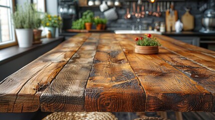 A close-up of a raw wooden table top, its grain and natural wear providing a unique backdrop. Behind, the kitchen fades into a soft bokeh, drawing attention to the foreground