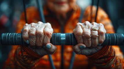 A close-up of a senior woman's hands gripping the handles of a weight machine, her focus palpable. Dressed in sportswear that defies her age, she performs each repetition with precision