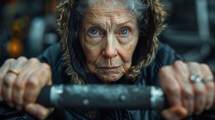 A close-up of a senior woman's hands gripping the handles of a weight machine, her focus palpable. Dressed in sportswear that defies her age, she performs each repetition with precision - obrazy, fototapety, plakaty