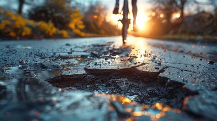 A close-up view of a cyclist navigating around a large pothole on an old, damaged asphalt road, with the setting sun casting long shadows and highlighting the neglected