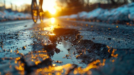 A close-up view of a cyclist navigating around a large pothole on an old, damaged asphalt road, with the setting sun casting long shadows and highlighting