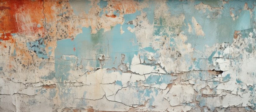 A close up of a weathered wall with cracked paint peeling off, resembling a natural landscape art piece in the city, showcasing a unique pattern on the facade