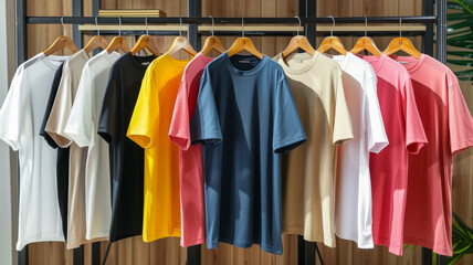 Colorful collection of casual T-shirts on a clothing rack.