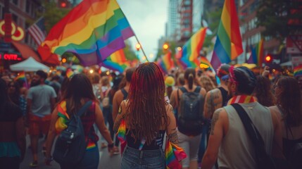 A colorful Pride parade with rainbow flags, symbolizing equality and acceptance for the LGBTQ+...