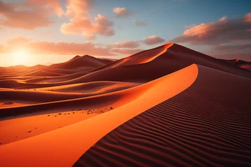 Foto op Plexiglas A sand dune in a desert ecoregion under the orange afterglow sky at sunset © JackDong