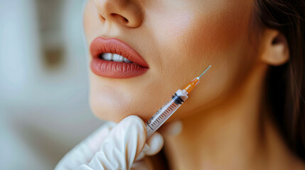 Enhancing Beauty: Woman receiving lip filler injections near chin with syringe