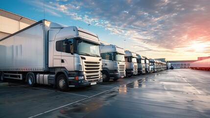 Close up fleet of trucks parked in front of warehouse to delivering factory goods. AI generated