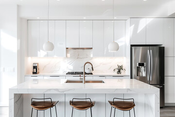 Fototapeta na wymiar Modern Kitchen With White Cabinets and Marble Island