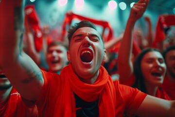 A crowd of fans in red shirts and scarves are celebrating at a soccer game, smiling and cheering. The atmosphere is filled with happiness and entertainment as they show their support for the team