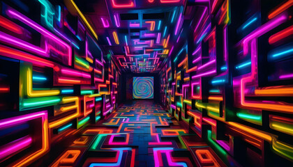 A photograph of a VR escape room with neon corridors and fragmented mirrors