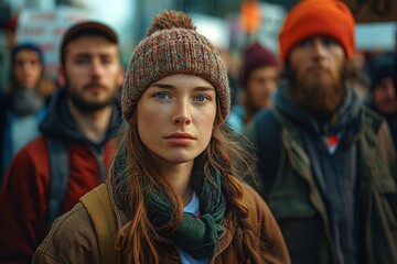 Obraz premium A serious young woman stands out at an outdoor rally, wearing a brown knitted beanie and a determined expression