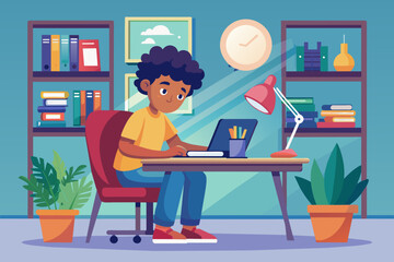 person working on computer reading book vector art illustration