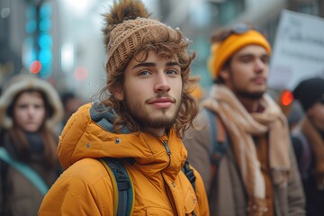 Fototapeta premium Portrait of a contemplative young man with curly hair in a yellow winter jacket at an outdoor protest