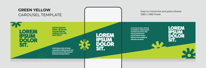 Geometric carousel template. social media seamless square post. healthy. food. green. yellow. microblog. modern. clean. minimal. advertising. leaflet. brand. eps vector illustration