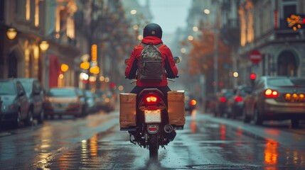 A delivery person on a motorcycle swerving to avoid a pothole, packages secured on the back, emphasizing the additional risks and challenges faced by those working on the road in a city  - obrazy, fototapety, plakaty