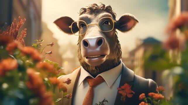 A cow wearing glasses and a suit is standing in front of a flower garden