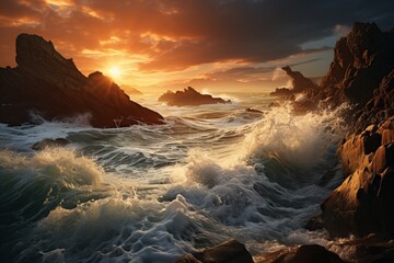 the sun is setting over the ocean and the waves are crashing against the rocks - Powered by Adobe