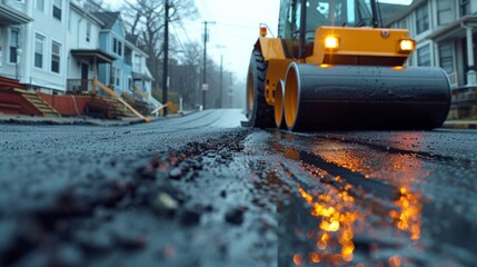 A detailed look at the asphalt compactor following closely behind the paver, its rollers vibrating to compress the newly laid asphalt into a durable road surface - obrazy, fototapety, plakaty