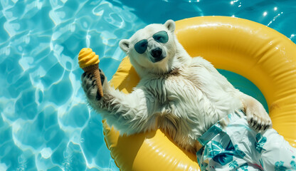 A polar bear lying on an inflatable mattress floating in a swimming pool and holding ice cream on cone. - obrazy, fototapety, plakaty
