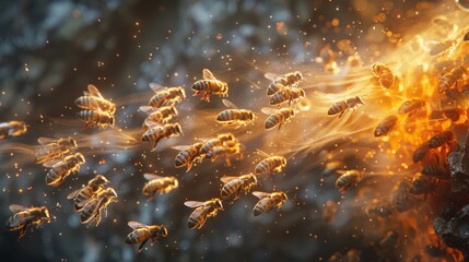 A dynamic image showing the flight path of bees entering and exiting the hive, with a long exposure to create trails of movement