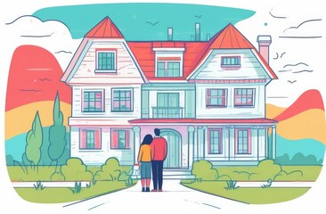 happy couple holding hands, looking at newly constructed house, back view, flat illustration