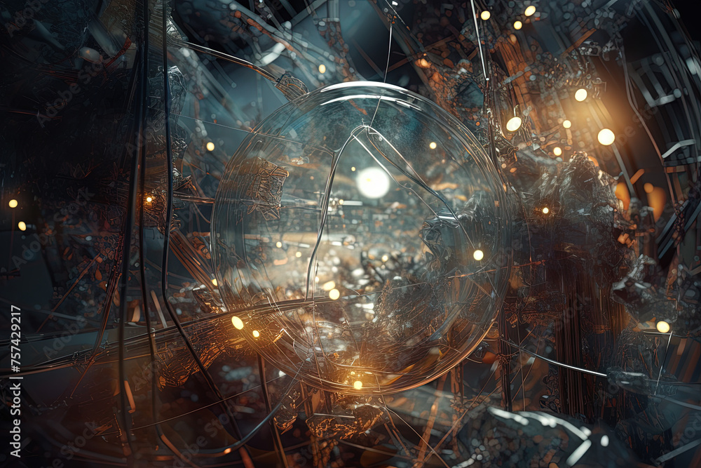 Poster abstract burst of wires and particles on technology background. scientific abstraction with mess of 