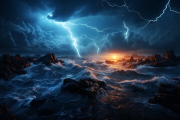 A thunderstorm rages above the ocean with powerful lightning strikes - obrazy, fototapety, plakaty