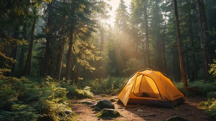 A family camping trip in a lush forest, with children helping to set up the tent and exploring the...