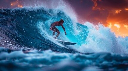 A dynamic water sports image, capturing a surfer riding a towering wave, with the spray of the water and the intensity of the moment emphasizing action and adventure  - obrazy, fototapety, plakaty