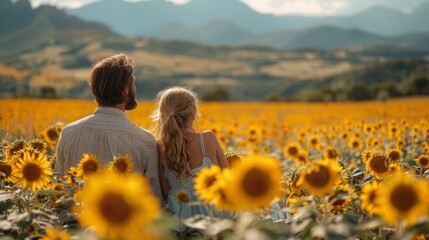 A family enjoying a late summer picnic in a blooming sunflower field, capturing the essence of August's warmth. 