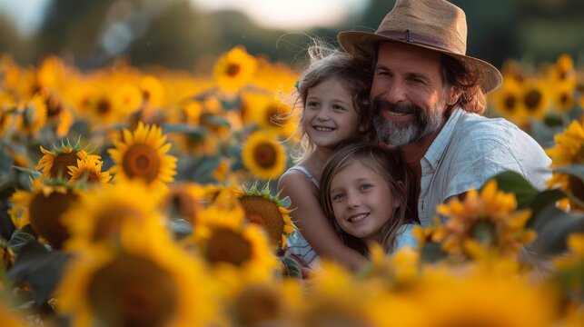 A family enjoying a late summer picnic in a blooming sunflower field, capturing the essence of August's warmth. 