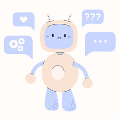 Cute chatbot ai character.Artificial intelligence chat service business concept.AI Content Generator. Chatbot technology, Hand drawn robot toy mascot. Vector illustration EPS 10