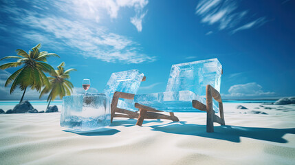 Couple of ice deck chairs on the beach, refreshing concept. Vacation on the hot shore with cold chairs.