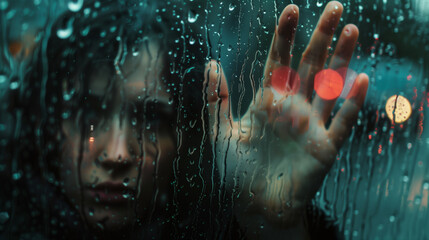 Hand of young woman melancholy and sad at the window in the rain