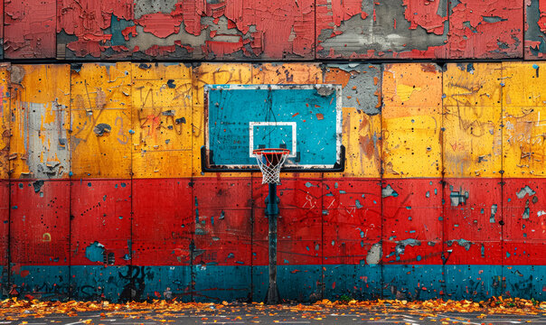 Worn Basketball Hoop Against Multicolored Graffiti Wall, Urban Autumn