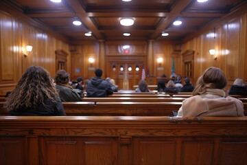 The image captures a courtroom audience seated on wooden benches, focused on unseen proceedings