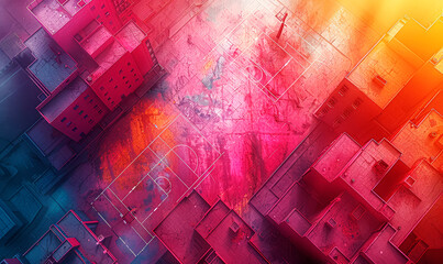 Aerial View of Basketball Courts Amidst Urban Rooftops, Sunset Glow