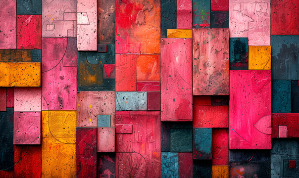Textured Patchwork of Painted Wooden Panels in Red Tones